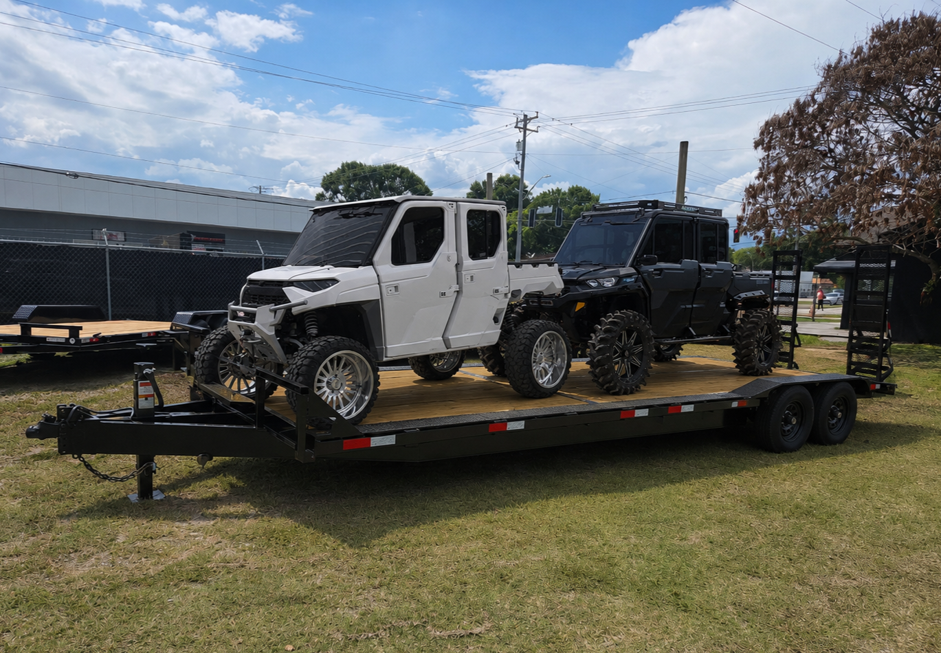 Two side-by-sides on a drive-over fender trailer
